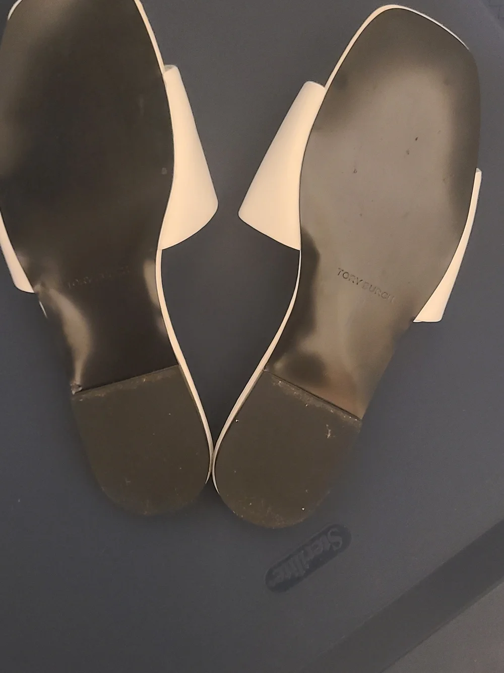 Tory Burch White Slide Sandals with Gold Logo